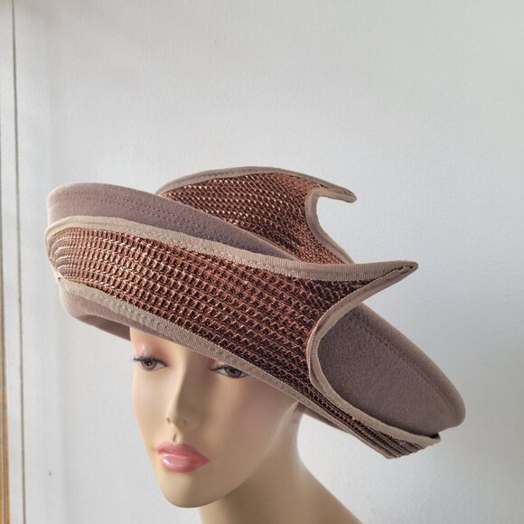Sandra Bollman NY Neutral-Toned Tan Felt Mesh Fascinator Hat - Picture 3 of 14